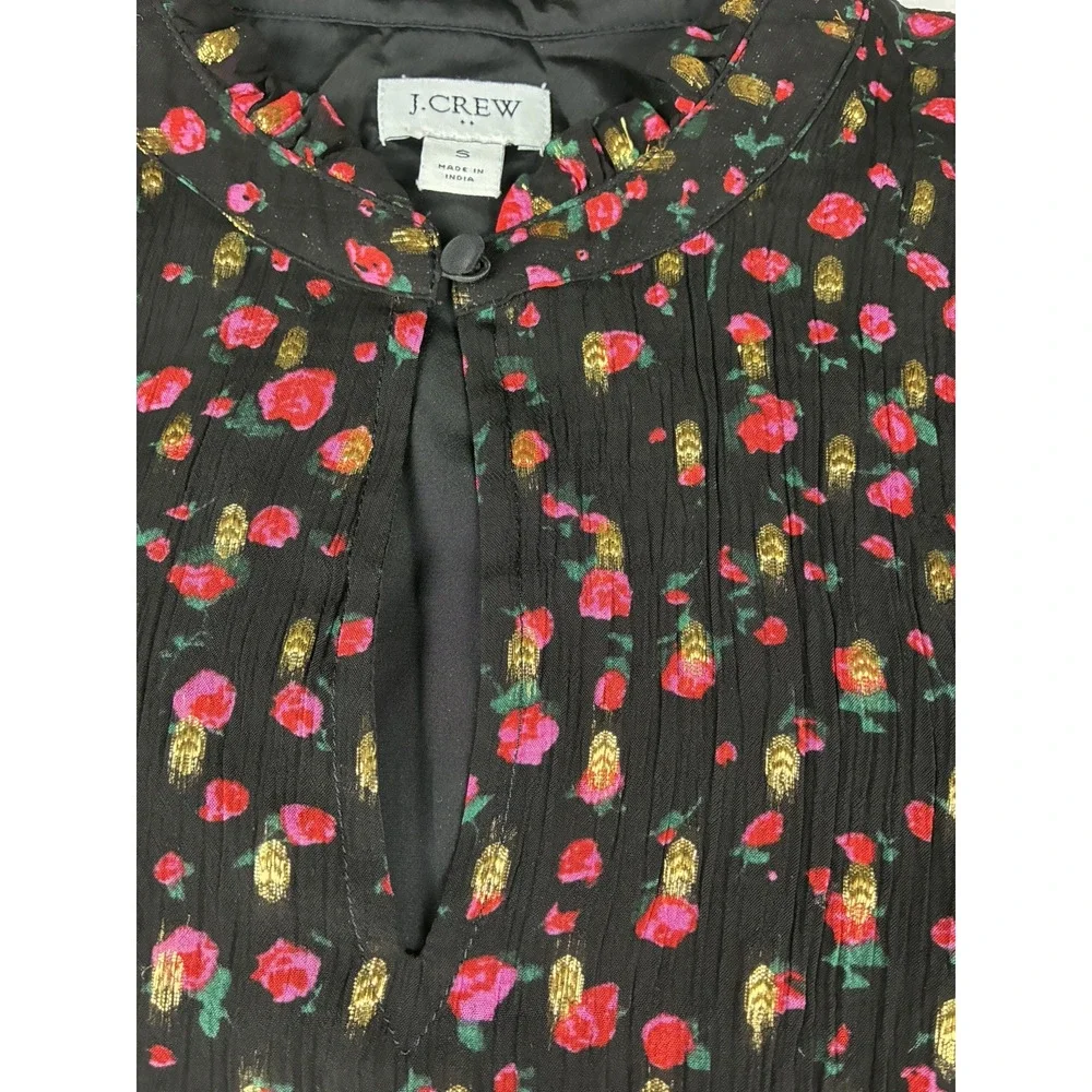 J.Crew Women’s Small Black Floral Metallic Gold Ruffle Sleeve Blouse Feminine